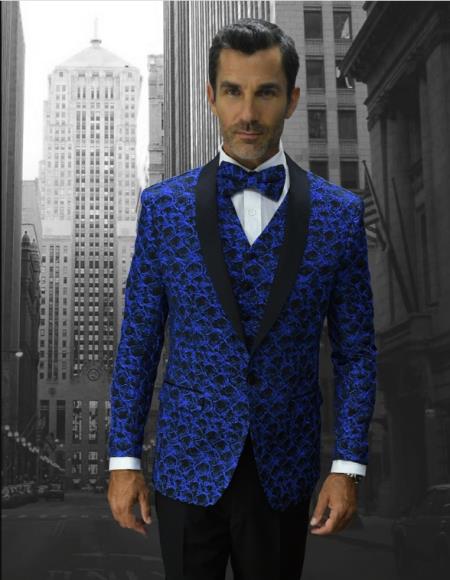 Statement Shawl Lapel Suits Royal - 38 Short Jacket+32 Waist Adjustable 28to34)(Height: 5 4 to5 7 )(Neck  15-16.5)S-M)