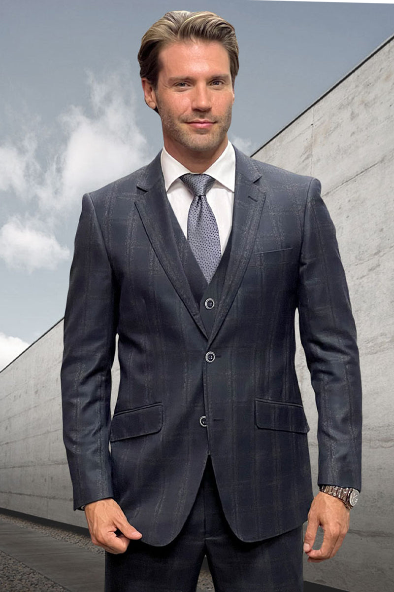 Men's Designer Vested Wool Suit in Black Double Windowpane Plaid - 36 Short