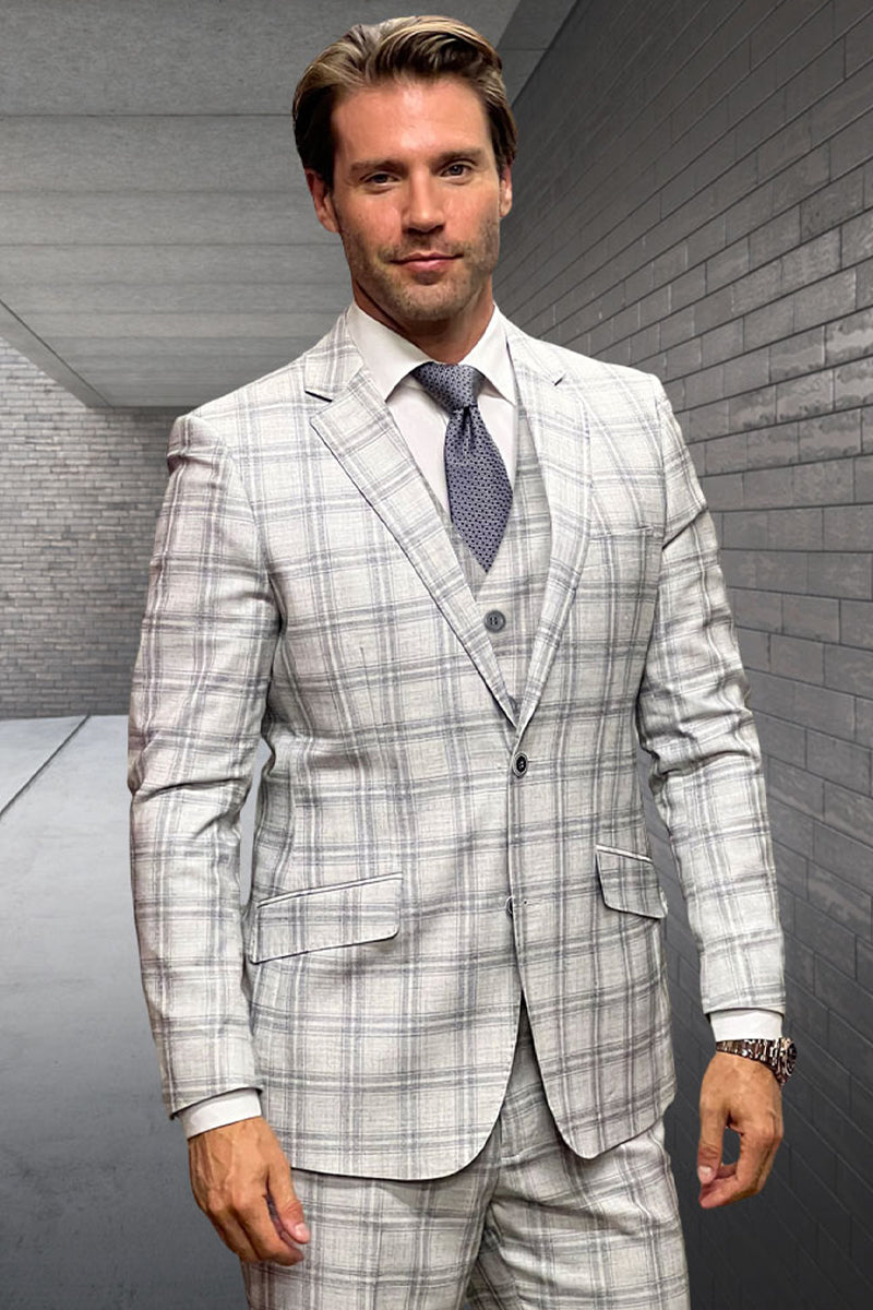 Men's Designer Vested Wool Suit in Tan Double Windowpane Plaid - 36 Short