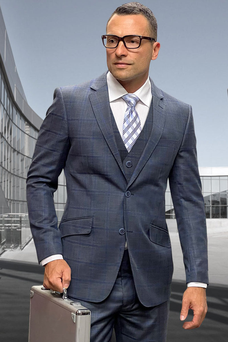 Men's Designer Two Button Vested Wool Windowpane Suit in Charcoal Grey - 36 Short