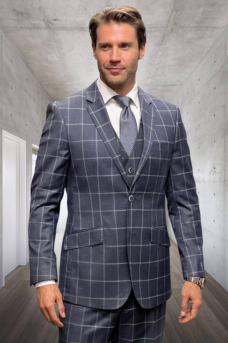 Men's Designer Two Button Vested Wool Windowpane Suit in Grey - 36 Short