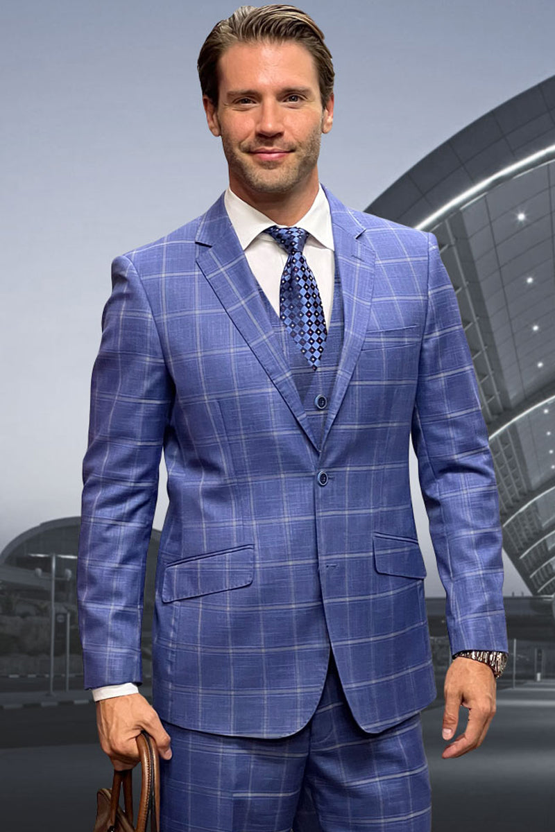 Men's Designer Two Button Vested Wool Windowpane Suit in Indigo Blue - 36 Short