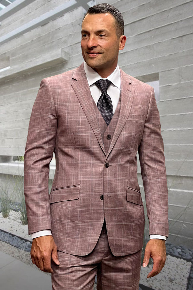 Men's Designer Two Button Vested Wool Windowpane Suit in Mauve Pink - 36 Short