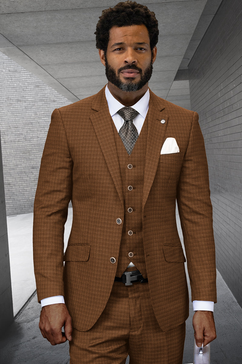 Men's Two Button Modern Fit Designer Vested Wool Suit in Copper Micro Plaid - 36 Short