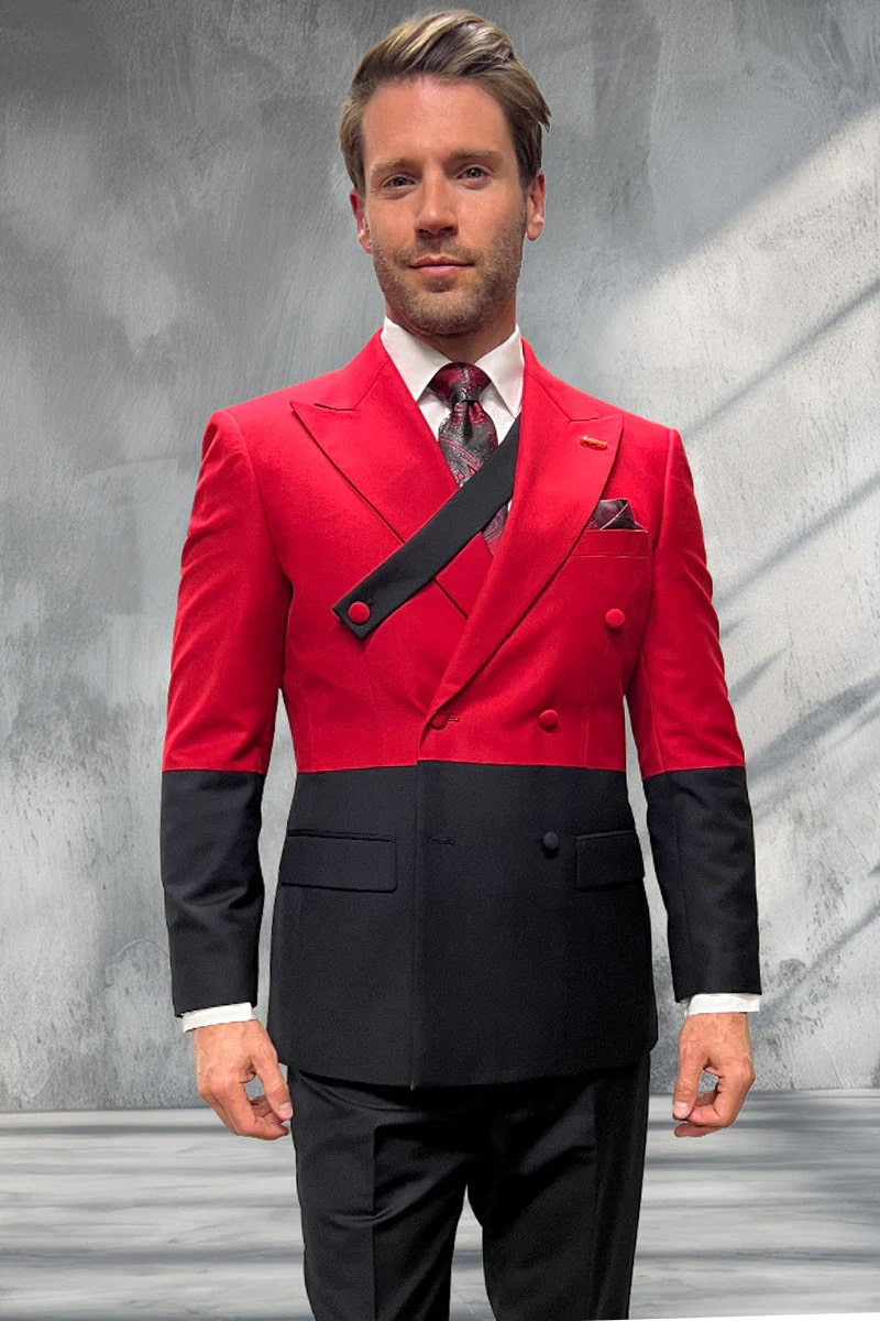Mens Designer Double Breasted Suit – Wool Two Tone Black and Red Style - 34 Short or Extra Small