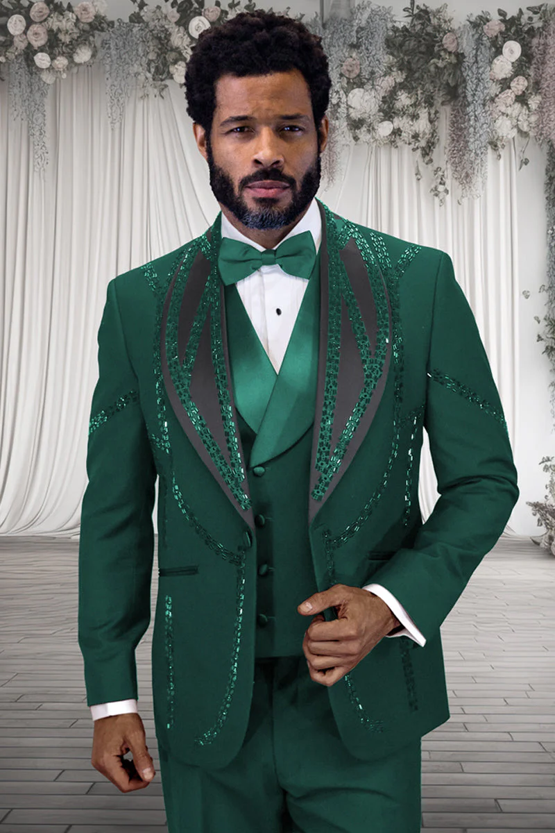 Mens Hunter Green Suit - Mens Designer Wool Shawl Lapel Vested Tuxedo with Rhinestones in Hunter Green - 34 Short or Extra Small