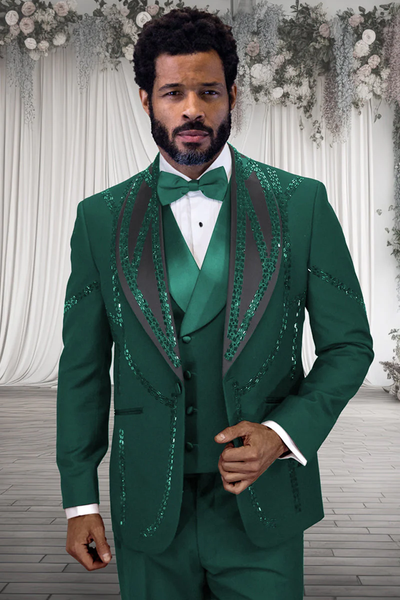 Mens Hunter Green Suit - Mens Designer Wool Shawl Lapel Vested Tuxedo with Rhinestones in Hunter Green