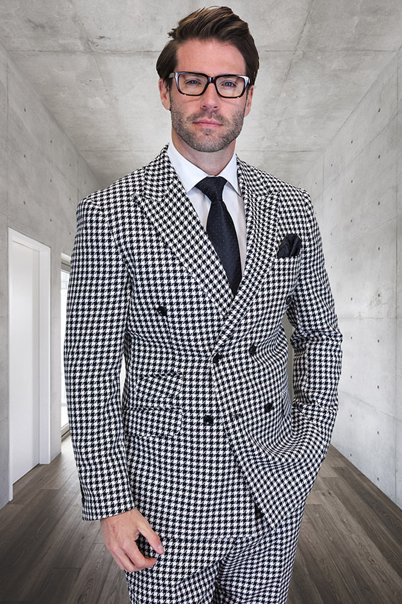 Men's Designer Wool Double Breasted Suit in Black & White Houndstooth - 36 Short