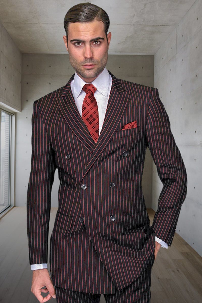 Men's Designer Double Breasted Wool Suit in Bold Black & Red Gangster Pinstripe. - 36 Short