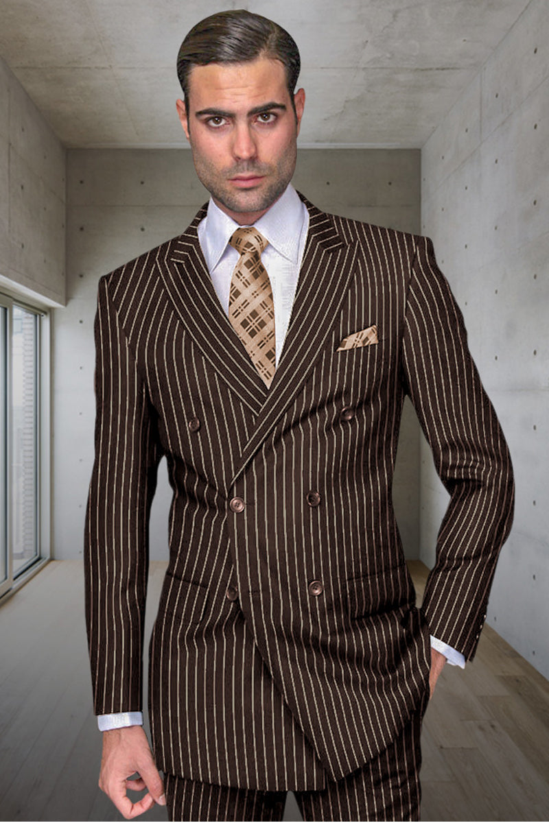 Men's Designer Double Breasted Wool Suit in Bold Brown Gangster Pinstripe. - 36 Short