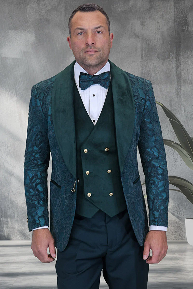 Mens Hunter Green Suit - Mens Tonal Paisley Wedding and Prom Tuxedos with Velvet Lapel and Vest in Hunter Green - 34 Short or Extra Small