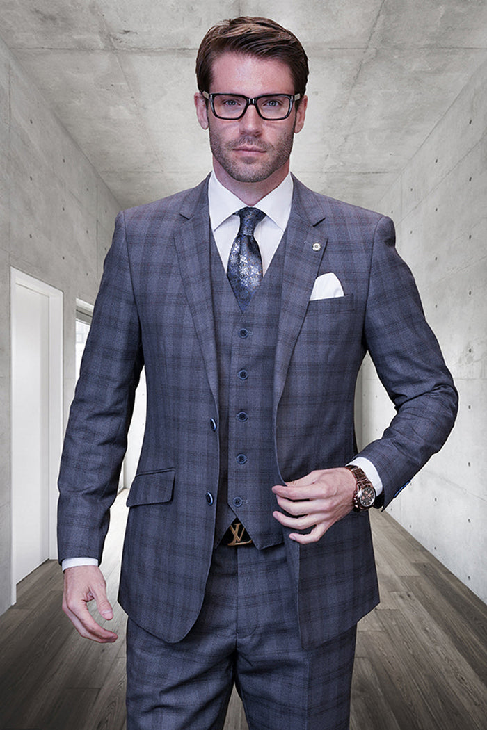 Men's Designer Modern Fit Vested Wool Suit in Grey Glen Plaid