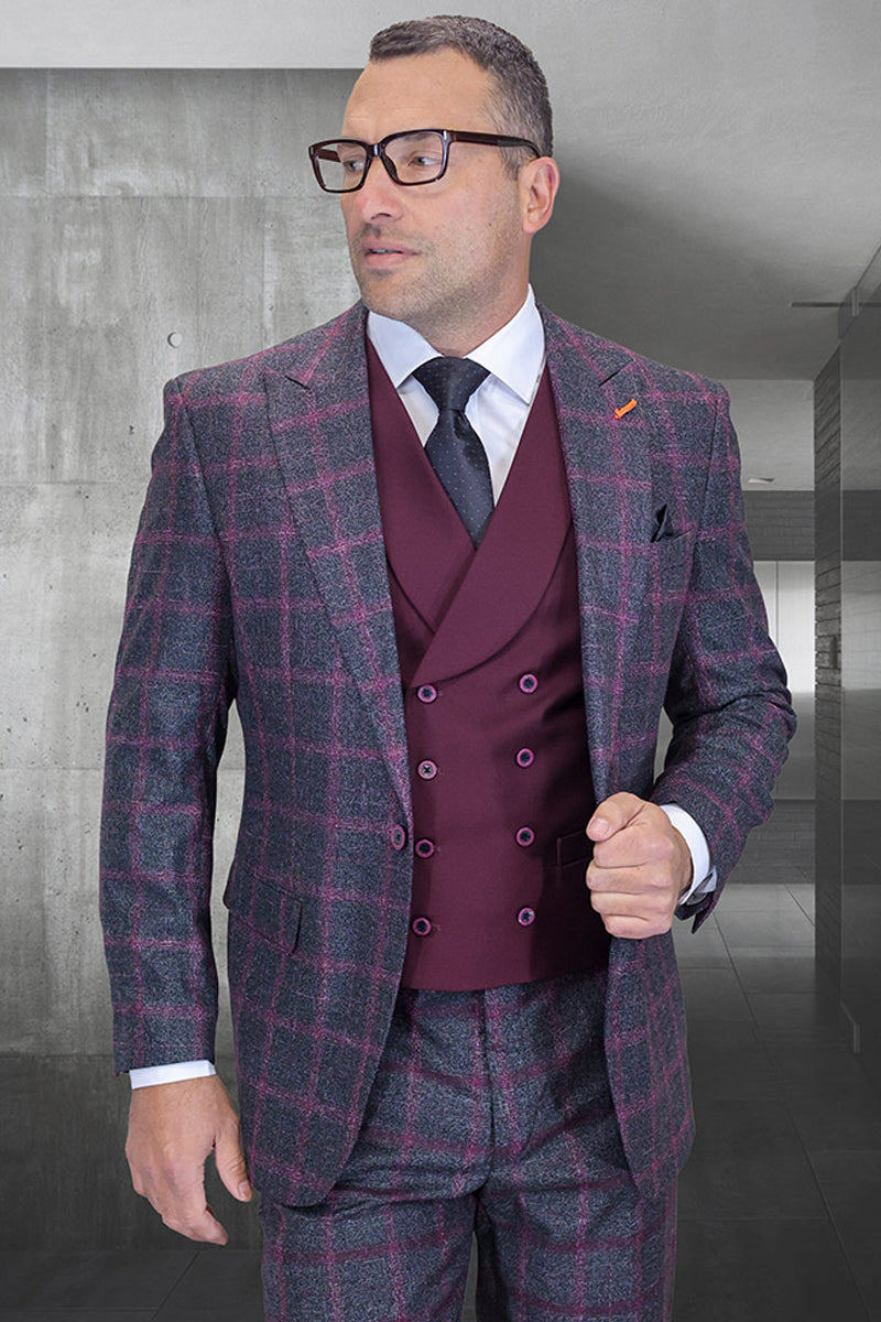 Men's Designer One Button Vested Wool Peak Lapel Suit in Black & Burgundy Windowpane Plaid - 36 Short
