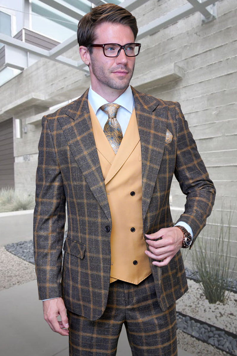 Men's Designer One Button Vested Wool Peak Lapel Suit in Camel & Gold Windowpane Plaid - 36 Short