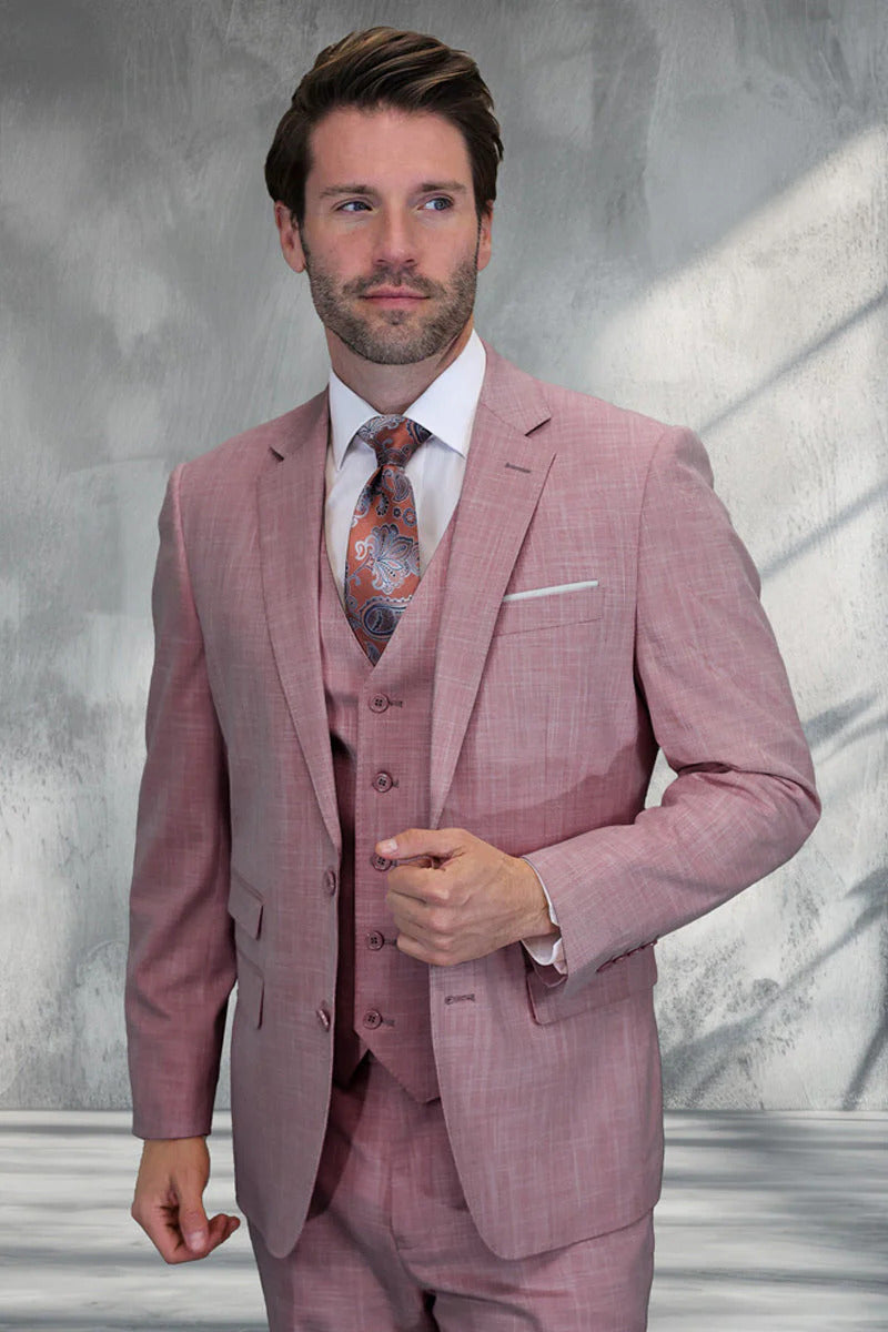 Men's Designer Two Button Vested Summer Sharkskin Wool Suit in Blush Pink - 36 Short
