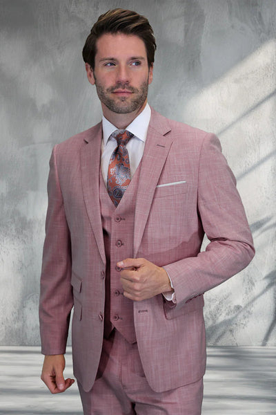 Men's Designer Two Button Vested Summer Sharkskin Wool Suit in Blush Pink