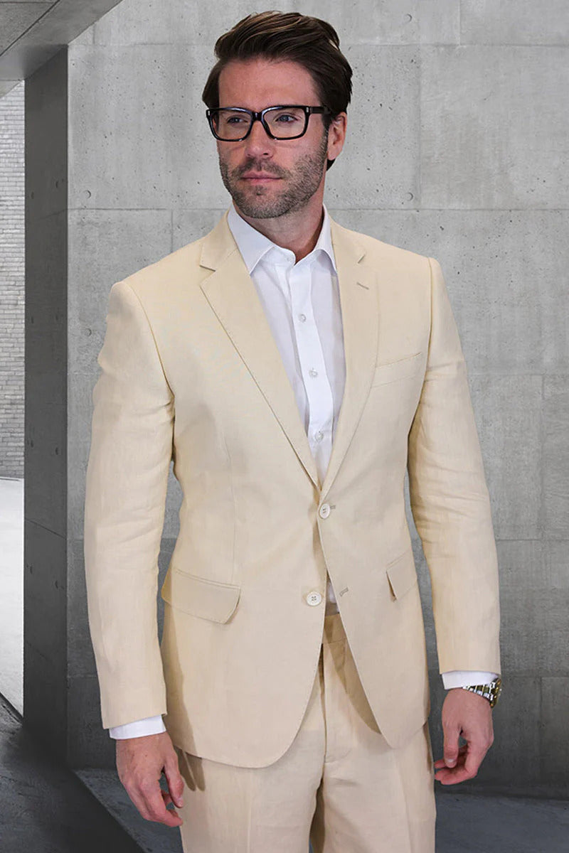 Men's Designer Two Button Summer Linen Wedding Suit in Natural Tan - 36 Short