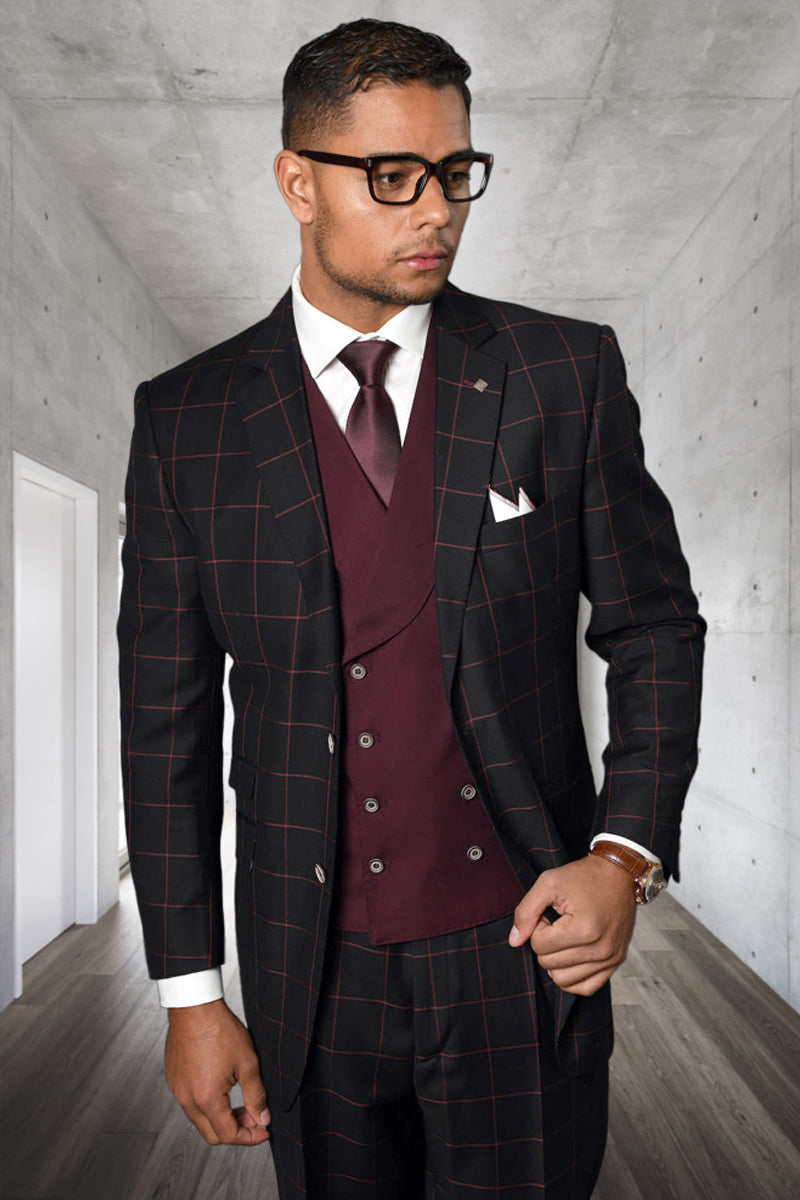 Men's Designer Two Button Vested Wool & Cashmere Suit in Black & Burgundy Windowpane Plaid - 36 Short