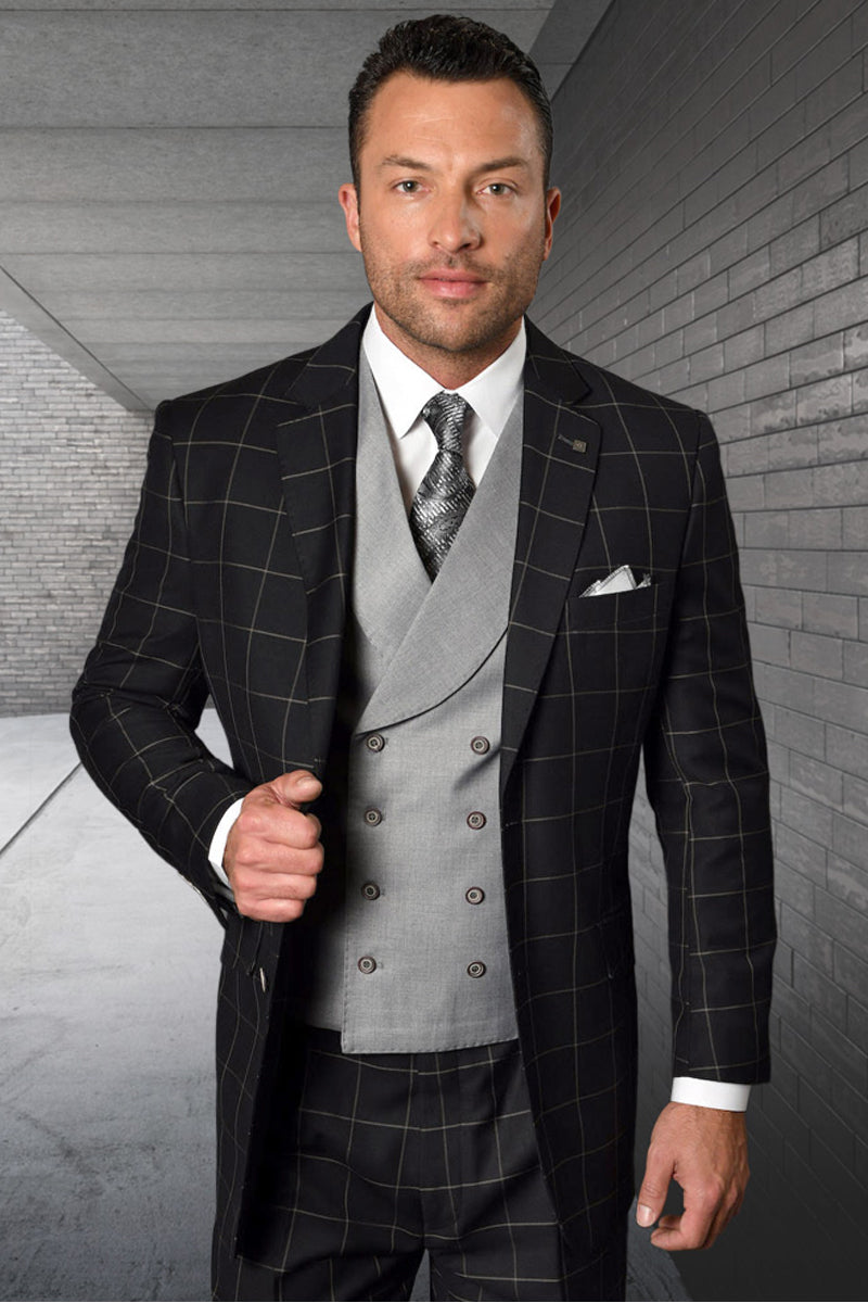 Men's Designer Two Button Vested Wool & Cashmere Suit in Black & Grey Windowpane Plaid - 36 Short