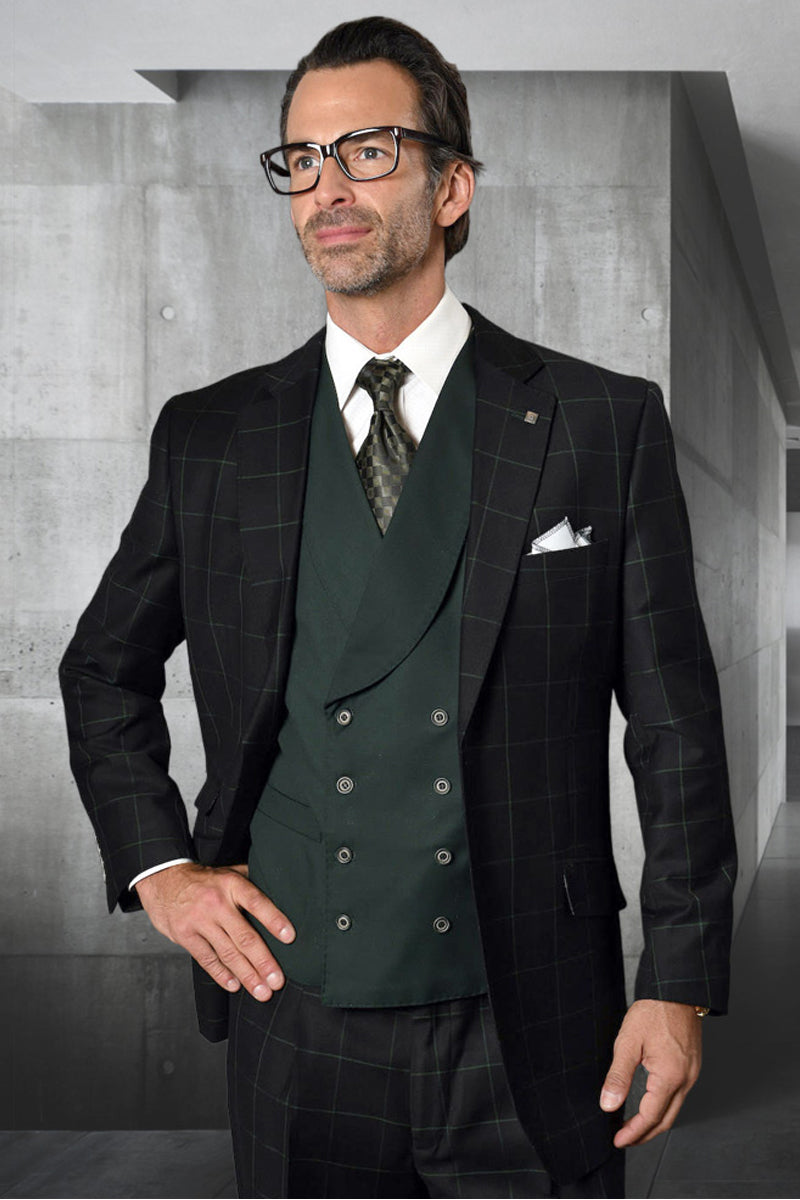 Men's Designer Two Button Vested Wool & Cashmere Suit in Black & Hunter Green Windowpane Plaid - 36 Short