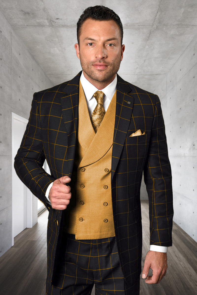 Men's Designer Two Button Vested Wool & Cashmere Suit in Black & Taupe Windowpane Plaid - 36 Short