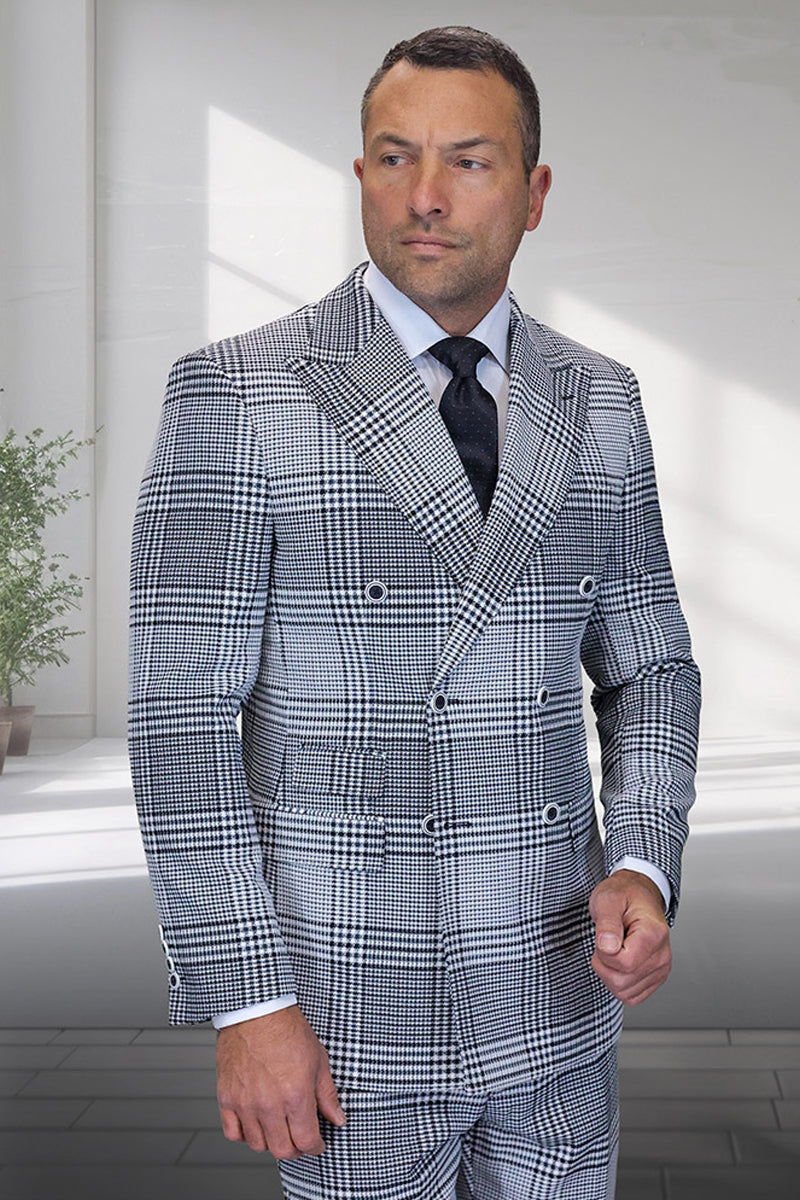Men's Designer Wool Double Breasted Suit in Natural Grey Houndstooth Glen Plaid - 36 Short