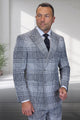 Men's Designer Wool Double Breasted Suit in Natural Grey Houndstooth Glen Plaid