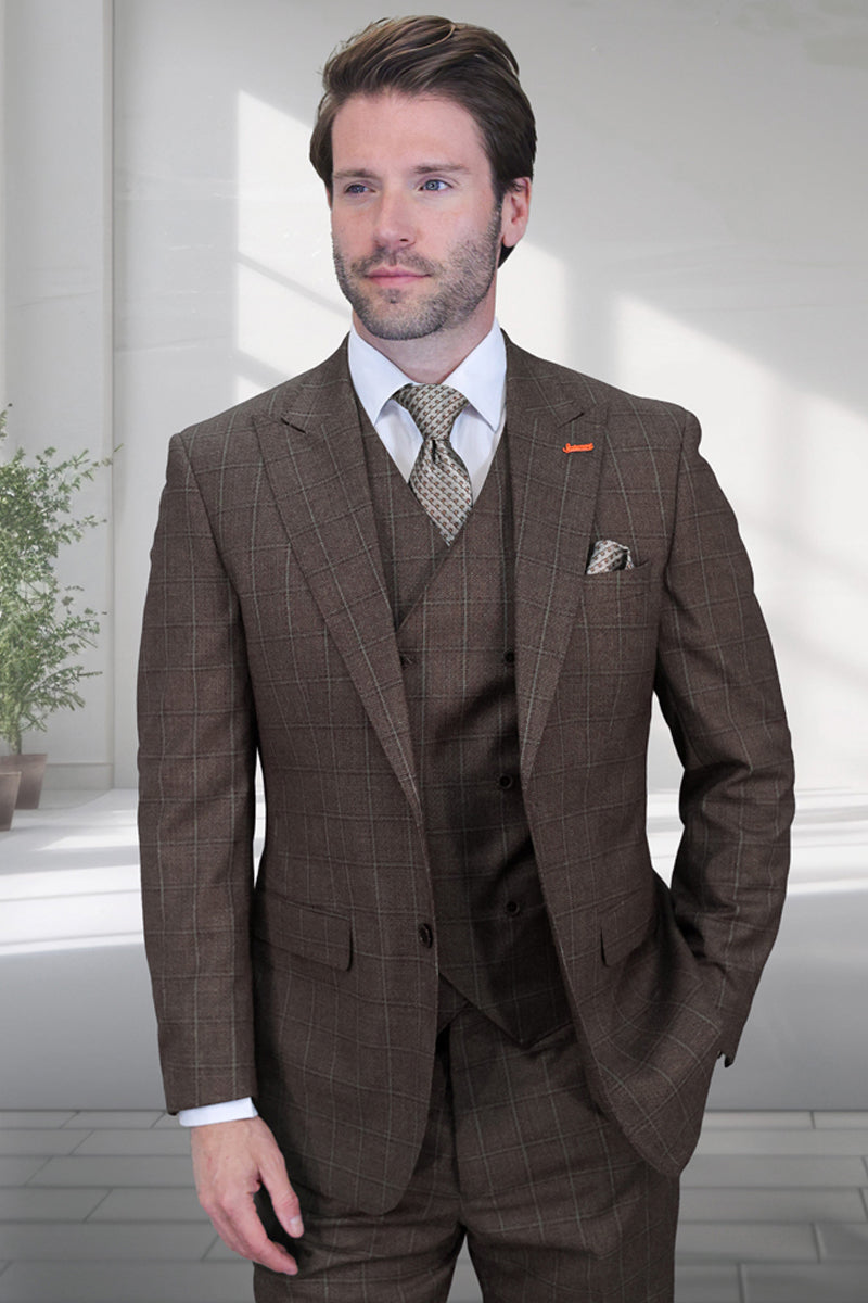 Men's Designer Vested One Button Peak Lapel Wool Suit in Brown Windowpane Plaid - 36 Short