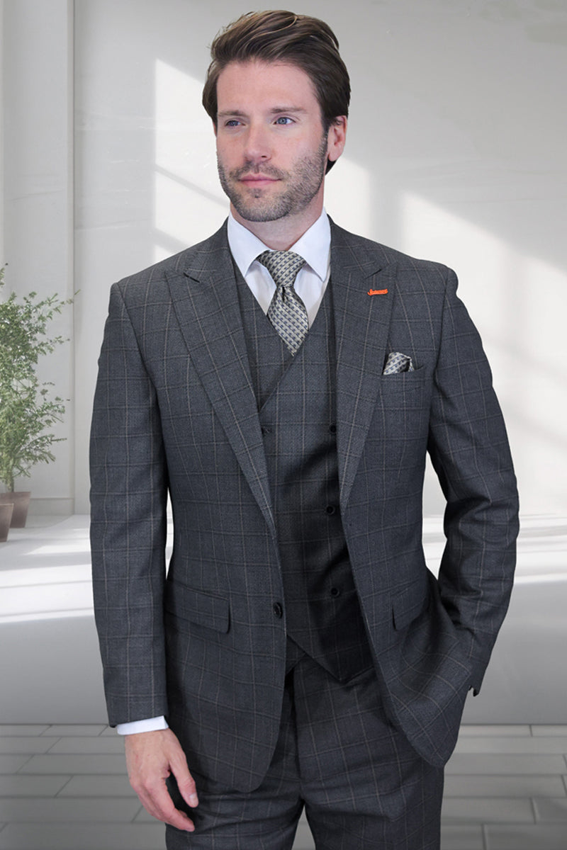 Men's Designer Vested One Button Peak Lapel Wool Suit in Charcoal Windowpane Plaid - 36 Short