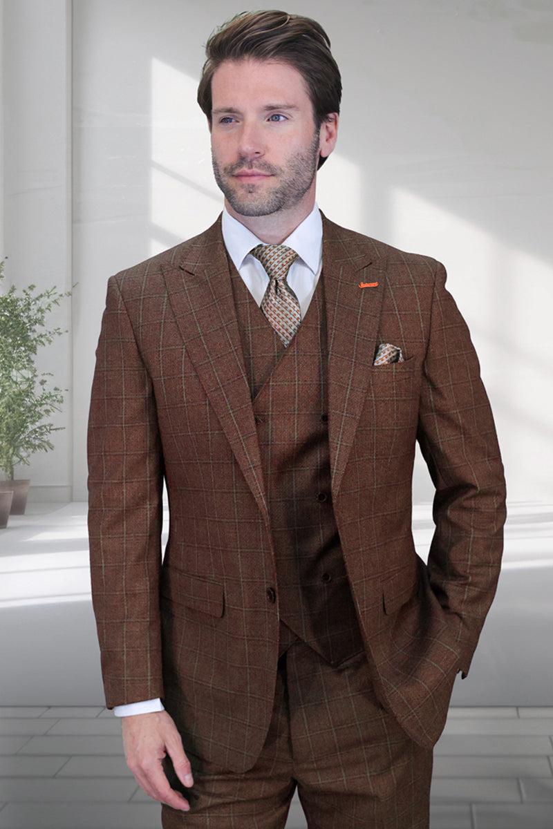 Men's Designer Vested One Button Peak Lapel Wool Suit in Copper Windowpane Plaid - 36 Short