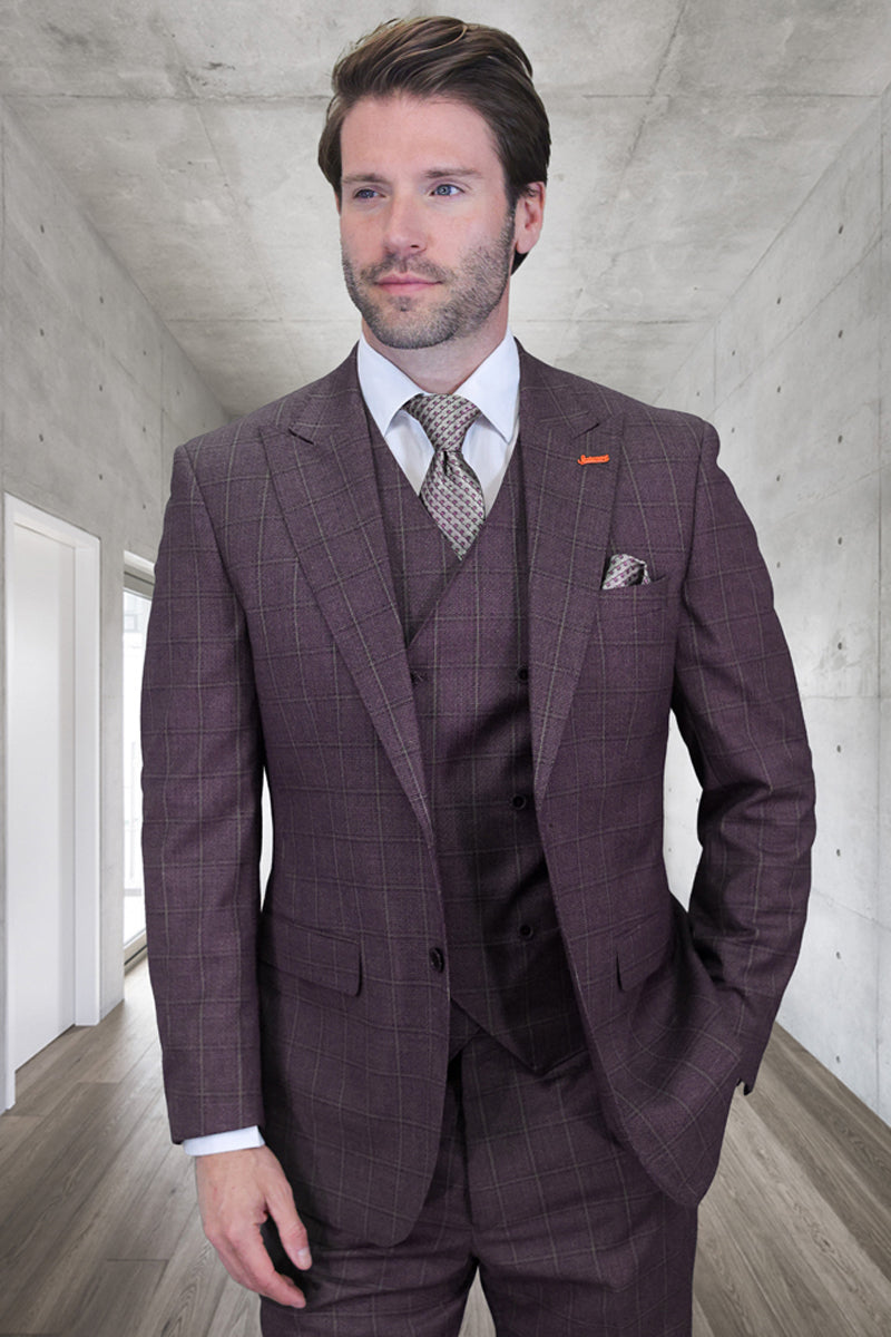 Men's Designer Vested One Button Peak Lapel Wool Suit in Eggplant Windowpane Plaid - 36 Short