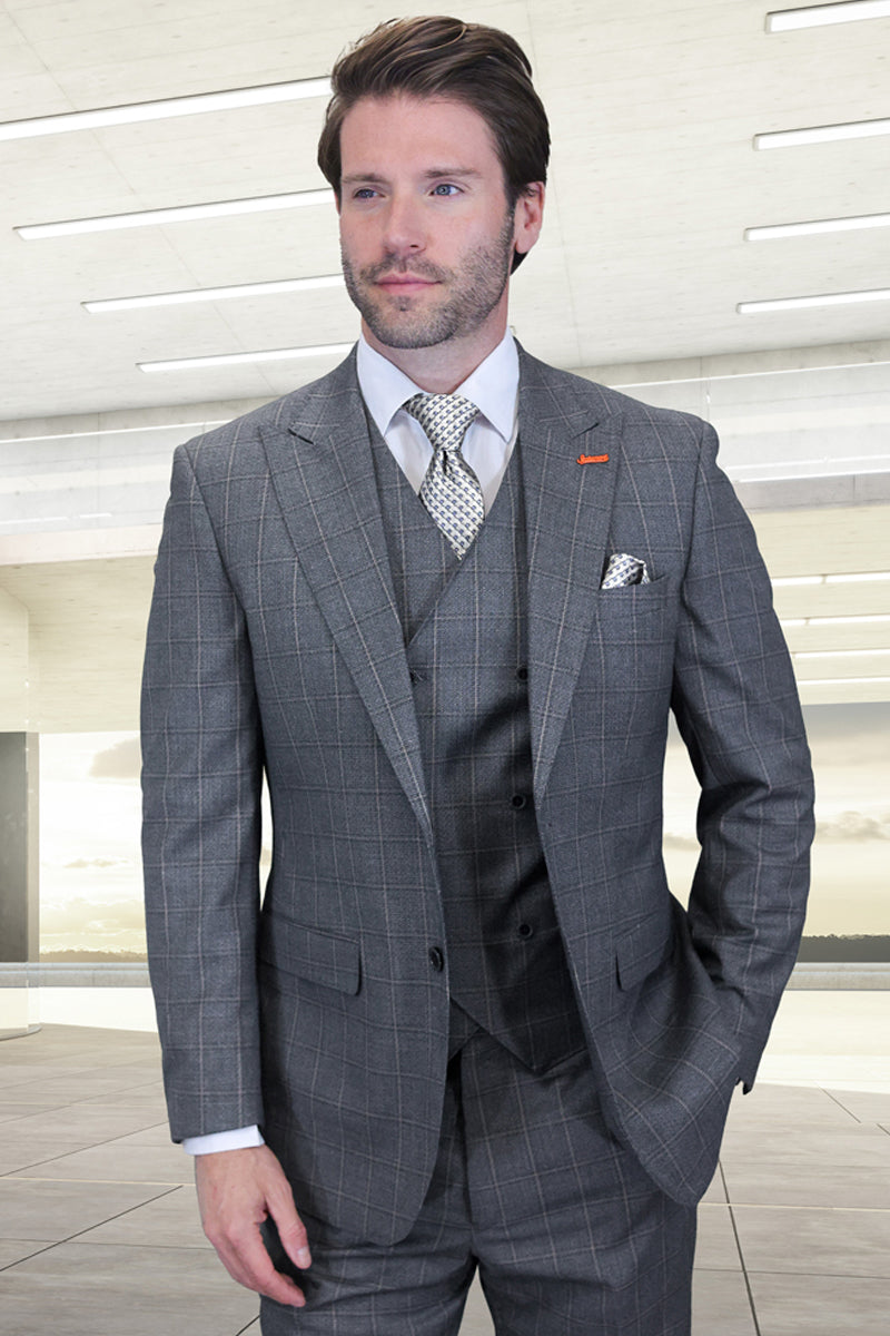 Men's Designer Vested One Button Peak Lapel Wool Suit in Grey Windowpane Plaid - 36 Short