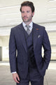 Men's Designer Vested One Button Peak Lapel Wool Suit in Indigo Blue Windowpane Plaid