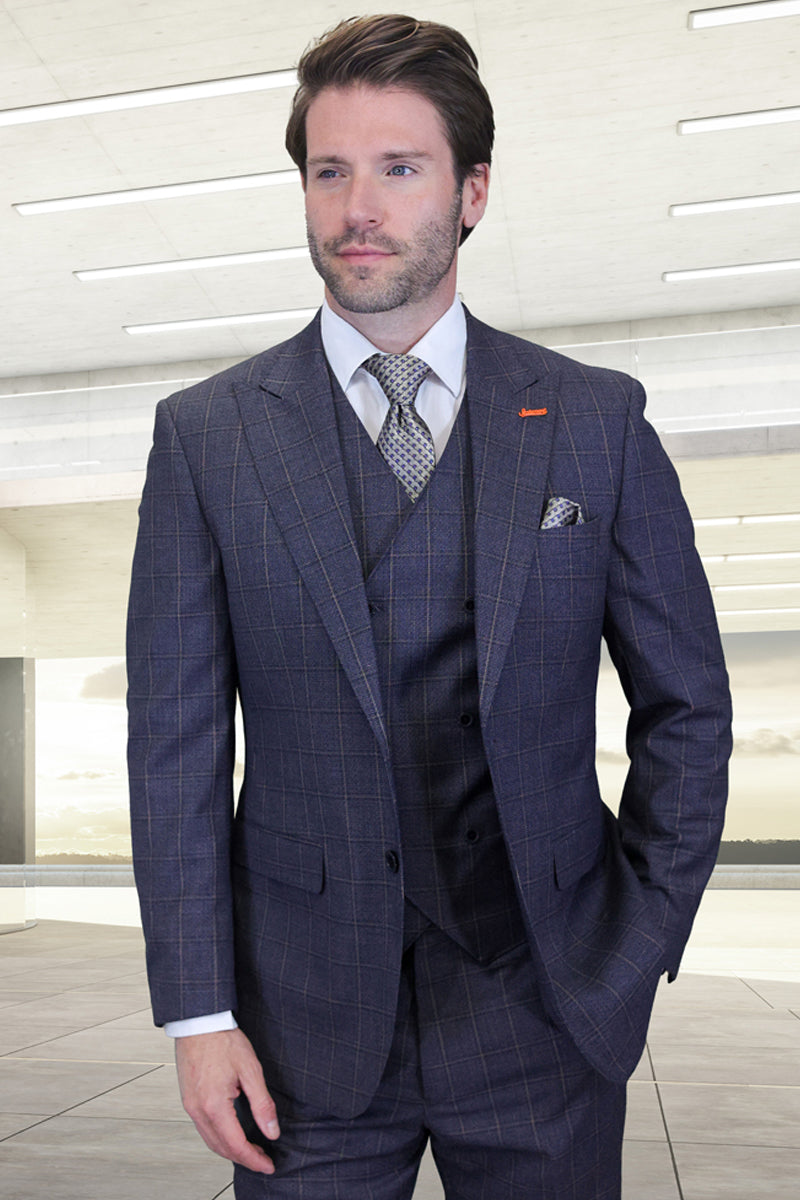 Men's Designer Vested One Button Peak Lapel Wool Suit in Indigo Blue Windowpane Plaid - 36 Short