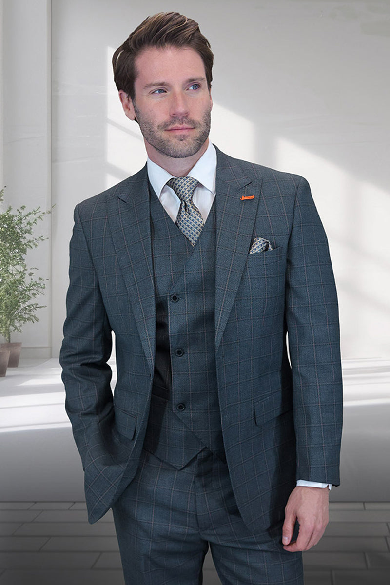 Men's Designer Vested One Button Peak Lapel Wool Suit in Olive Windowpane Plaid - 36 Short
