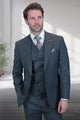 Men's Designer Vested One Button Peak Lapel Wool Suit in Olive Windowpane Plaid
