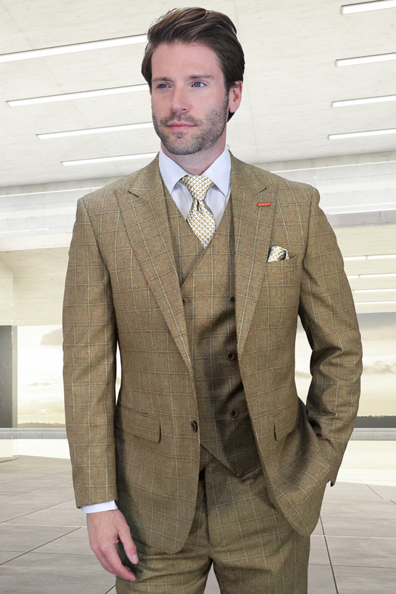 Men's Designer Vested One Button Peak Lapel Wool Suit in Tan Windowpane Plaid - 36 Short