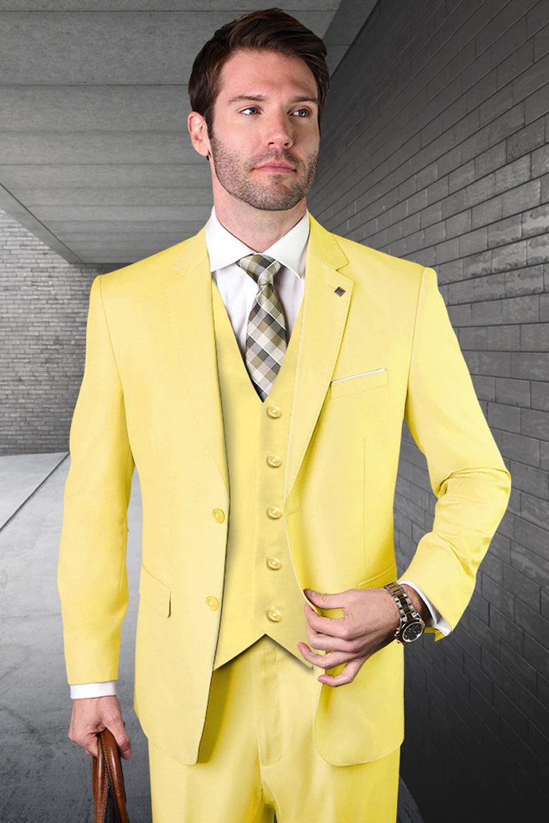Men's Designer Vested Modern Fit Wool Business & Wedding Suit in Yellow - 36 Short