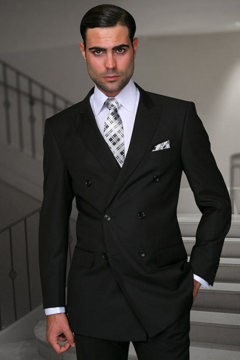 Men's Designer Double Breasted Wool Suit in Black - 36 Short