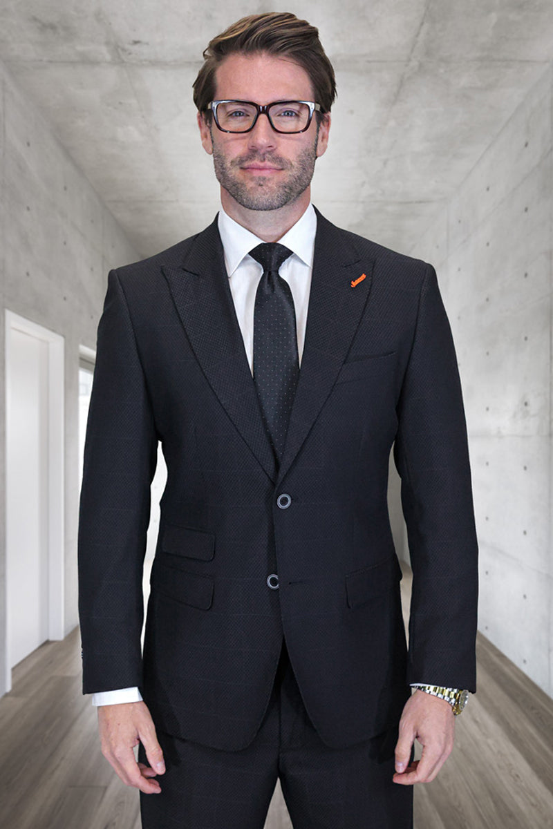 Men's Designer Two Button Peak Lapel Wool Suit in Black Windowpane Plaid - 36 Short