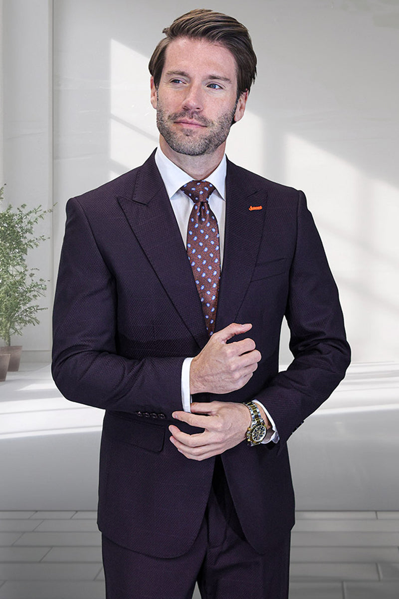 Men's Designer Two Button Peak Lapel Wool Suit in Eggplant Purple Windowpane Plaid - 36 Short