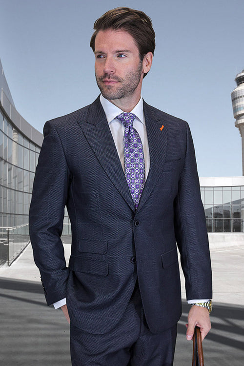 Men's Designer Two Button Peak Lapel Wool Suit in Dark Grey Windowpane Plaid