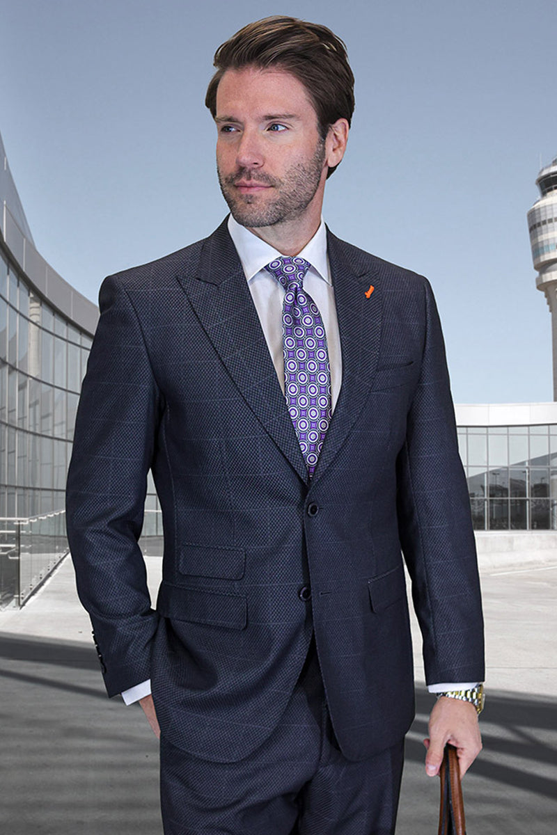 Men's Designer Two Button Peak Lapel Wool Suit in Dark Grey Windowpane Plaid - 36 Short