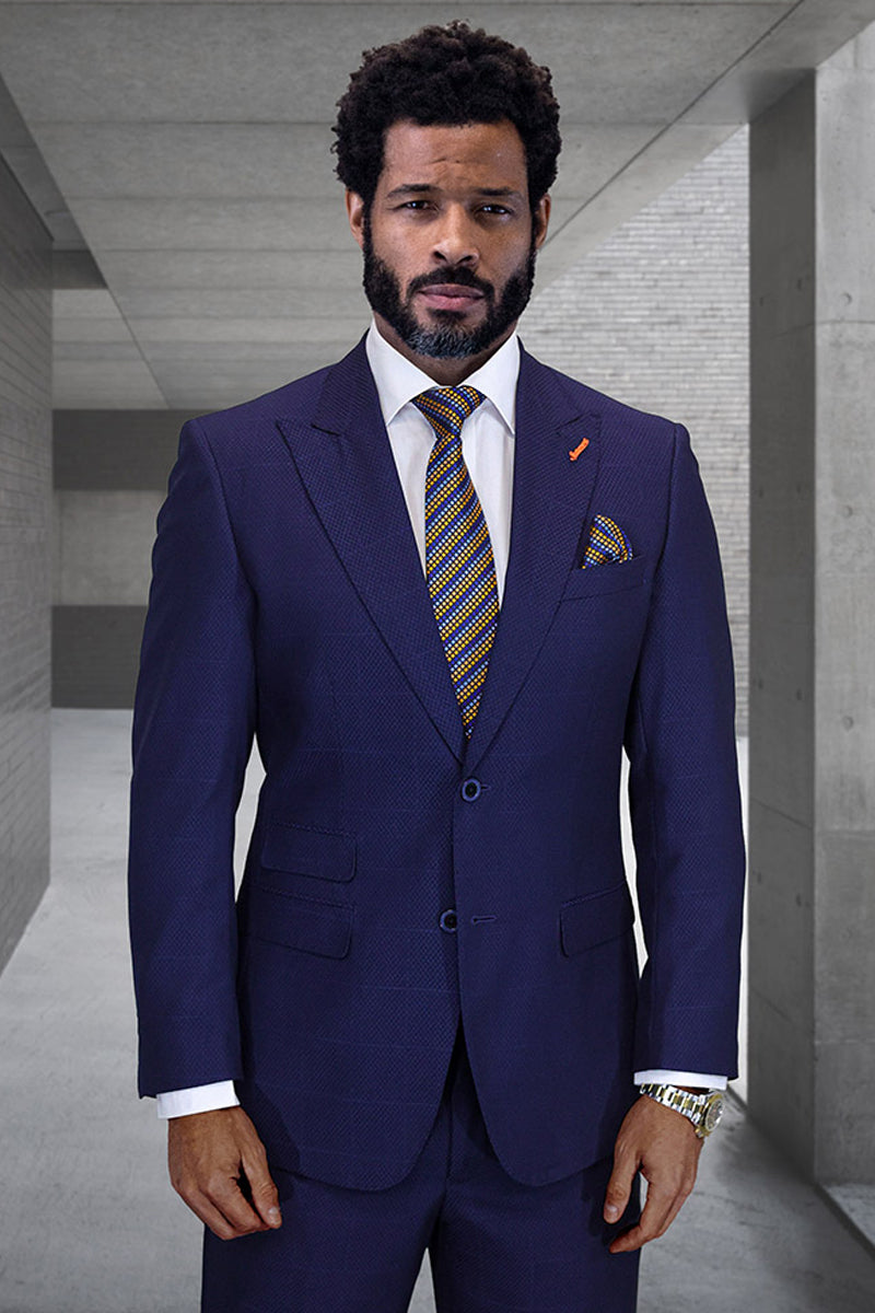 Men's Designer Two Button Peak Lapel Wool Suit in Navy Blue Windowpane Plaid - 36 Short
