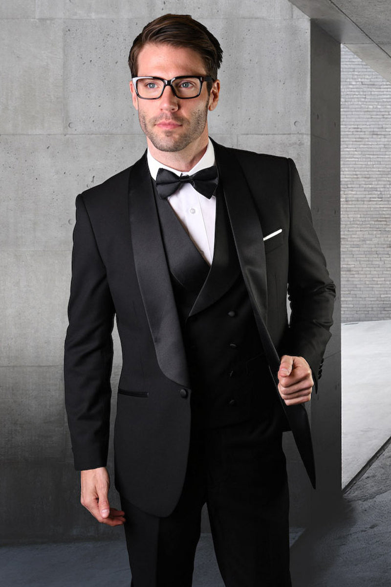 Men's Designer Wool Classic Wide Shawl Tuxedo with Double Breasted Vest in Black - 36 Short