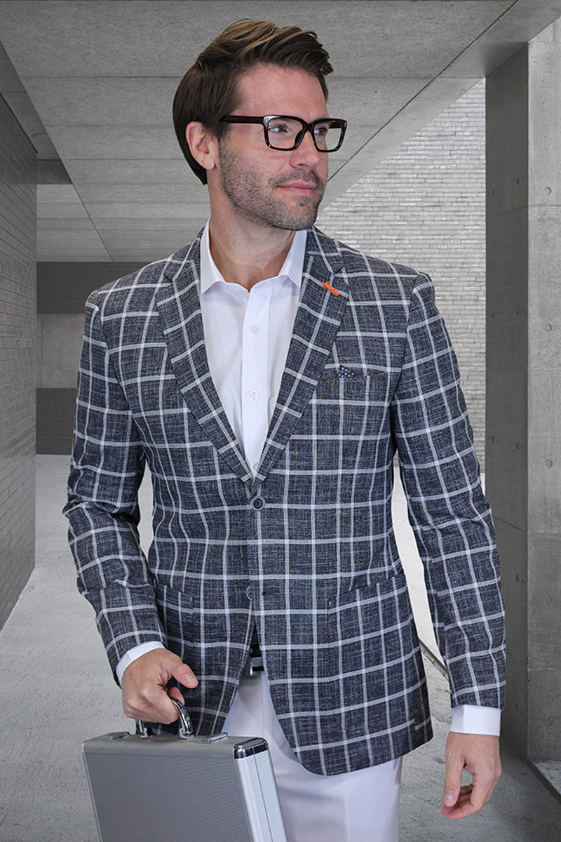 Men's Modern Fit Patch Pocket Designer Wool Summer Blazer in Black Windowpane Plaid - 36 Short