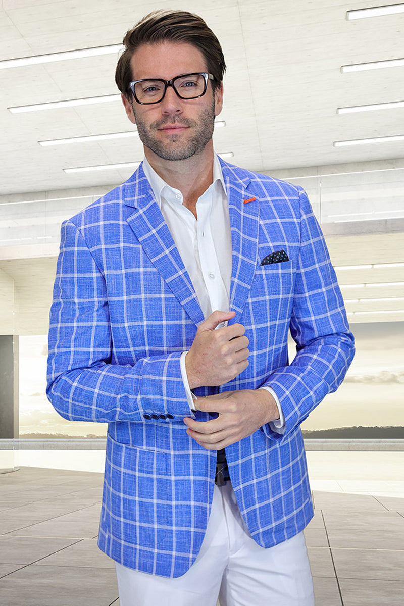 Men's Modern Fit Patch Pocket Designer Wool Summer Blazer in Steel Blue Windowpane Plaid - 36 Short