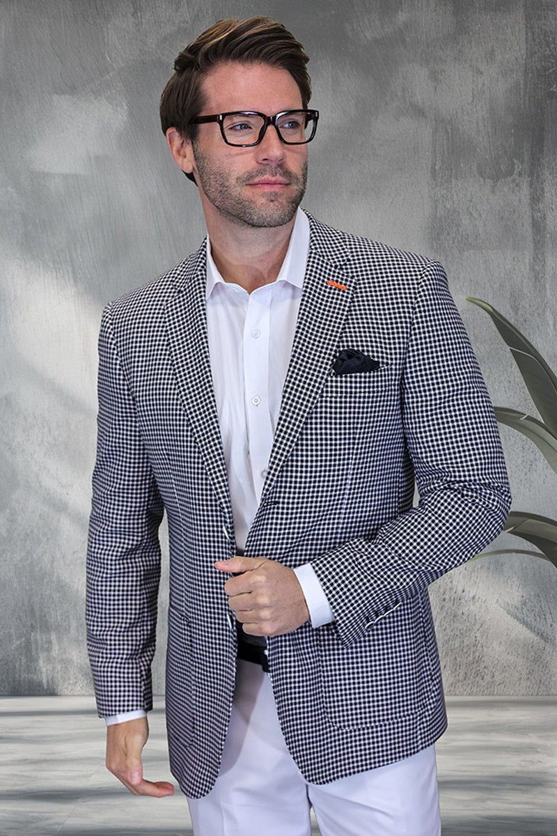 Men's Modern Fit Patch Pocket Designer Wool Summer Blazer in Black Windowpane - 36 Short