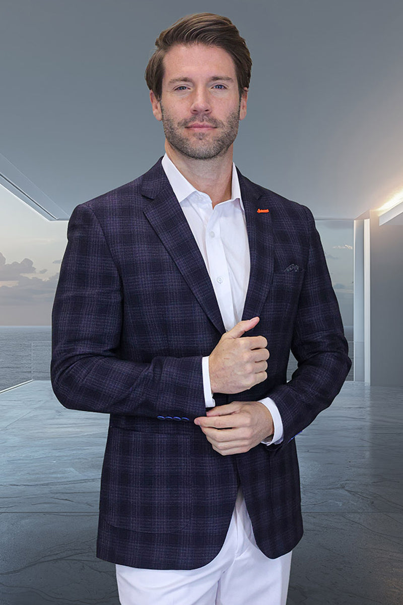 Men's Modern Fit Patch Pocket Designer Wool Summer Blazer in Black Plaid - 36 Short