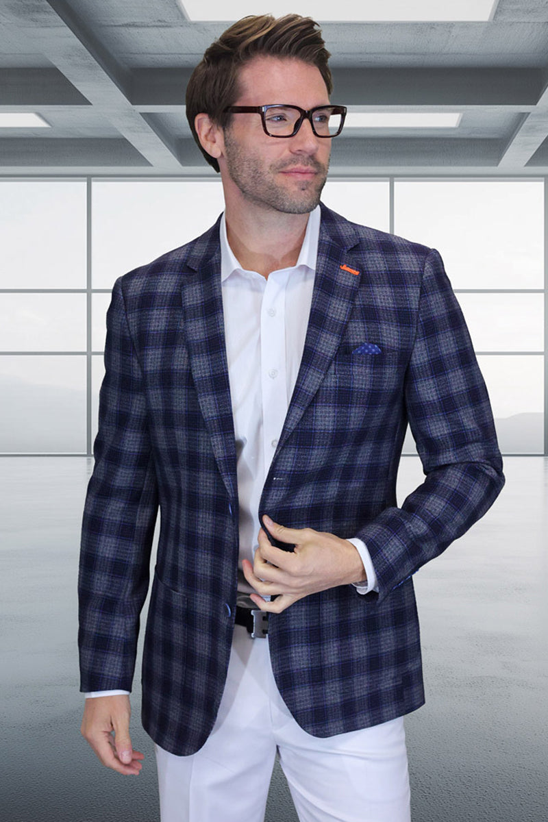Men's Modern Fit Patch Pocket Designer Wool Summer Blazer in Grey Plaid Check - 36 Short